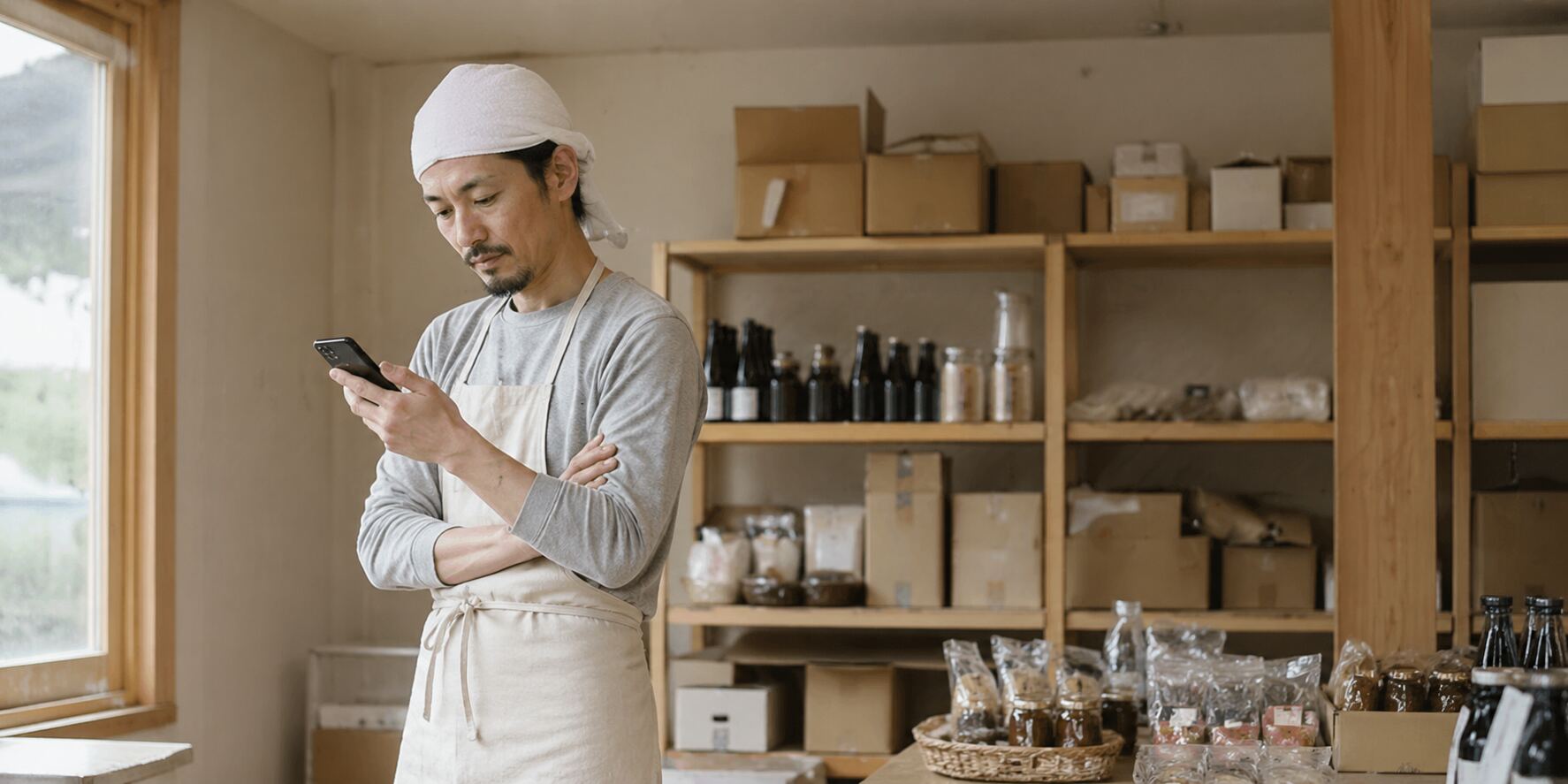 工芸職人が在庫を前にスマホを見ている