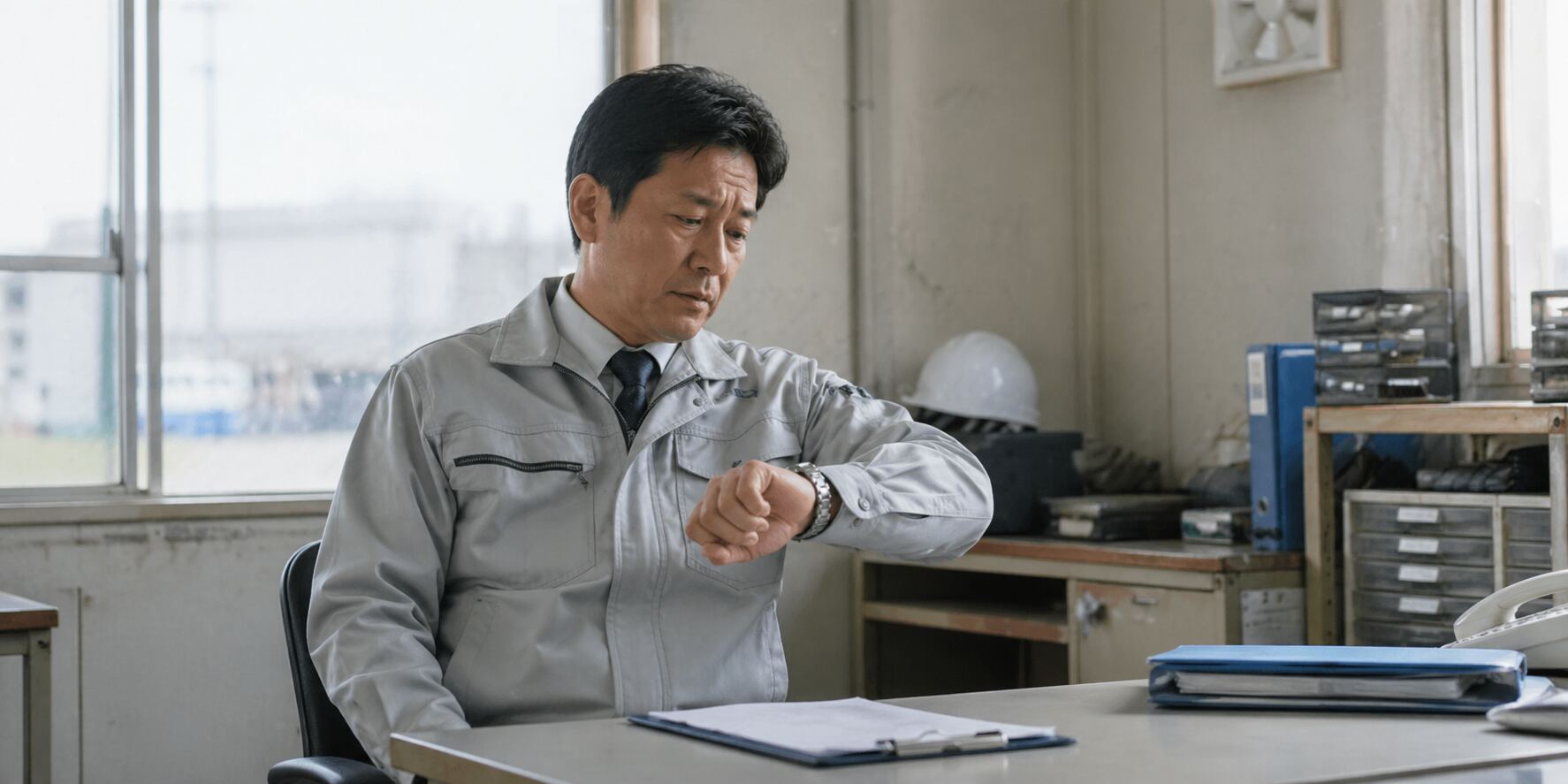 現場マネージャーが採用を待ちながら時計を見ている